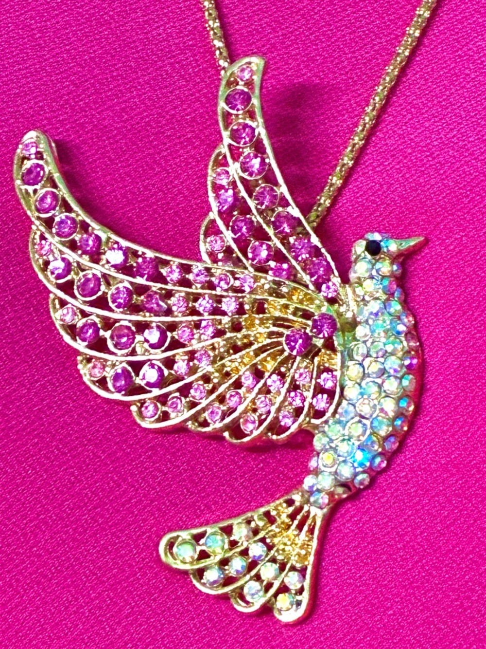 BETSEY JOHNSON Pink/AB Clear Rhinestones Flying Bird Dove Pendant Necklace~NWT